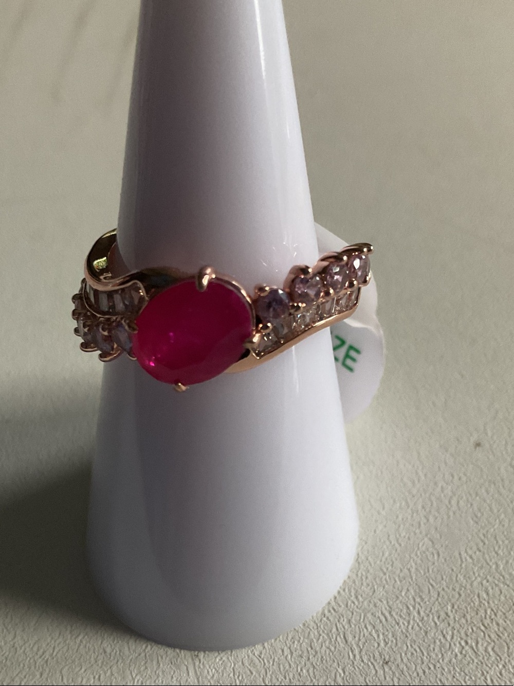 bp Rose Gold Ring with Bright Pink Oval Stone and Clear Accents